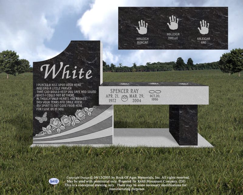 White and Black Bench Memorial with Handprints Carving