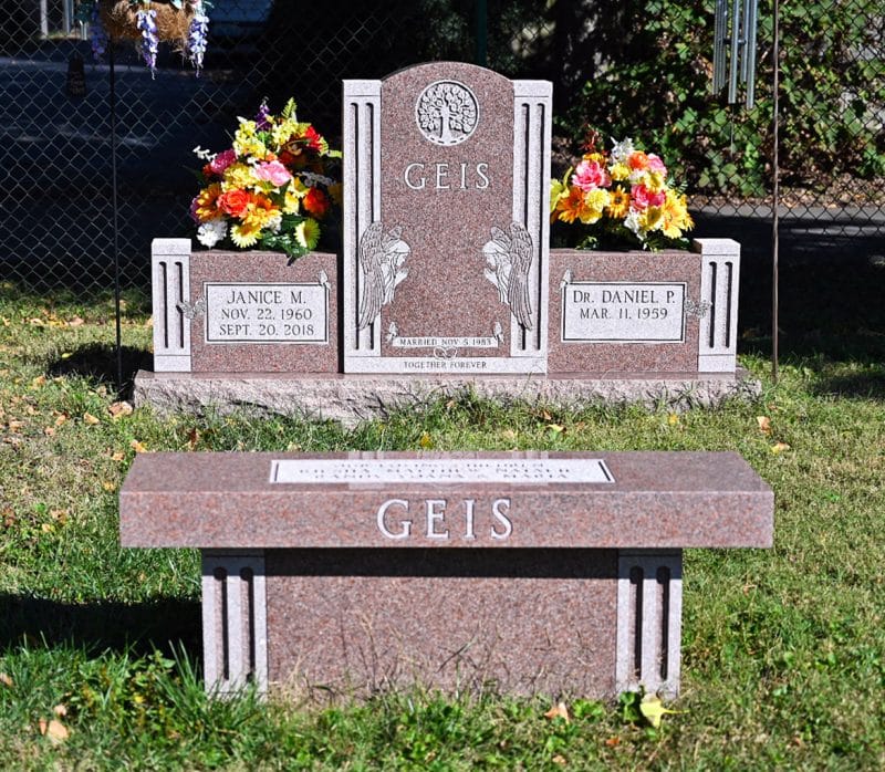 Geis Red Granite Memorial with Bench and Tree of Life Carving